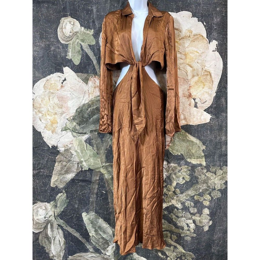 New Felicity Long Sleeve Tie Front Midi Dress in Almond Shona Joy Size Us 6 - Picture 4 of 9